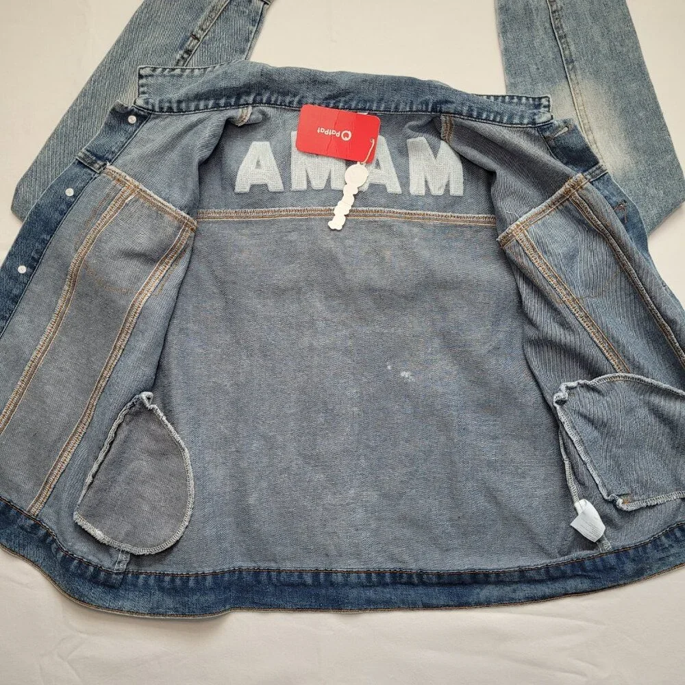 Patpat Mama Distressed Denim Jean Jacket Medium Light Wash Streetwear - Picture 10 of 14
